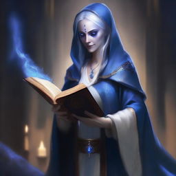 A middle-aged female Dark Elf who is a dark wizard, holding a thick tome and dressed in white and blue robes