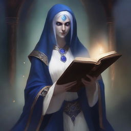 A middle-aged female Dark Elf who is a dark wizard, holding a thick tome and dressed in white and blue robes