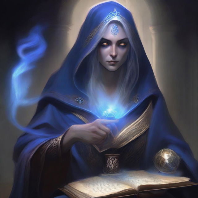 A middle-aged female Dark Elf who is a dark wizard, holding a thick tome and dressed in white and blue robes