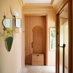 Small, classic entrance hall with a modern revamp, showcasing a large rattan closet. The colour palette ranges from beige to pistachio, complemented with a mirror and an aesthetically appealing entrance door.