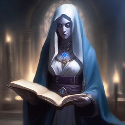 A middle-aged female Dark Elf who is a dark wizard, holding a thick tome and dressed in white and blue robes