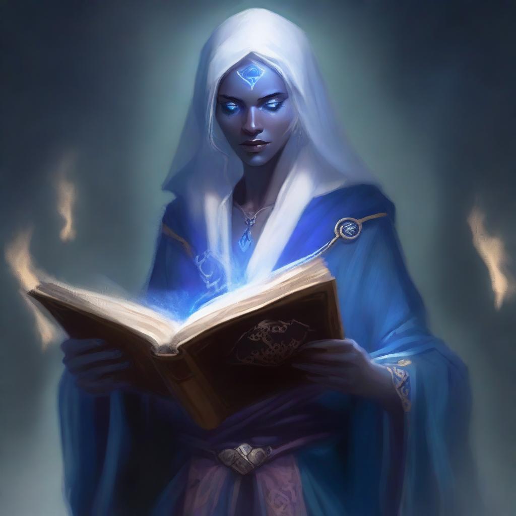 An elderly female Drow Elf who is a dark wizard, holding a thick tome and dressed in white and blue robes