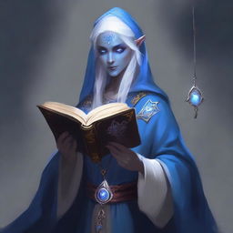 An elderly female Drow Elf who is a dark wizard, holding a thick tome and dressed in white and blue robes