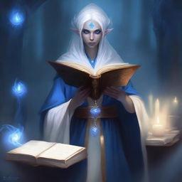 An elderly female Drow Elf who is a dark wizard, holding a thick tome and dressed in white and blue robes