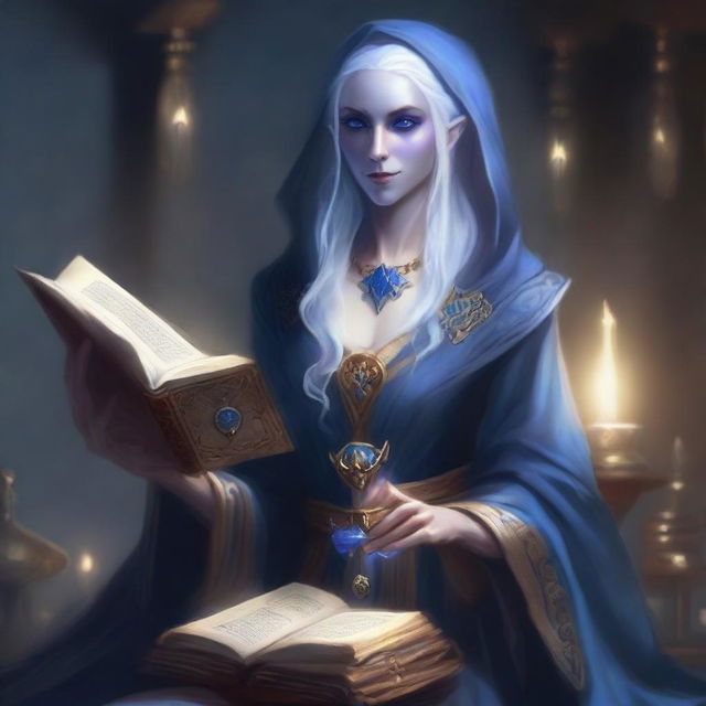 An elderly female Drow Elf who is a dark wizard, holding a thick tome and dressed in white and blue robes