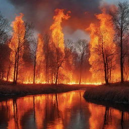 A breathtakingly vibrant world where tall flames take the place of trees and rivers run with fire under a sky ablaze