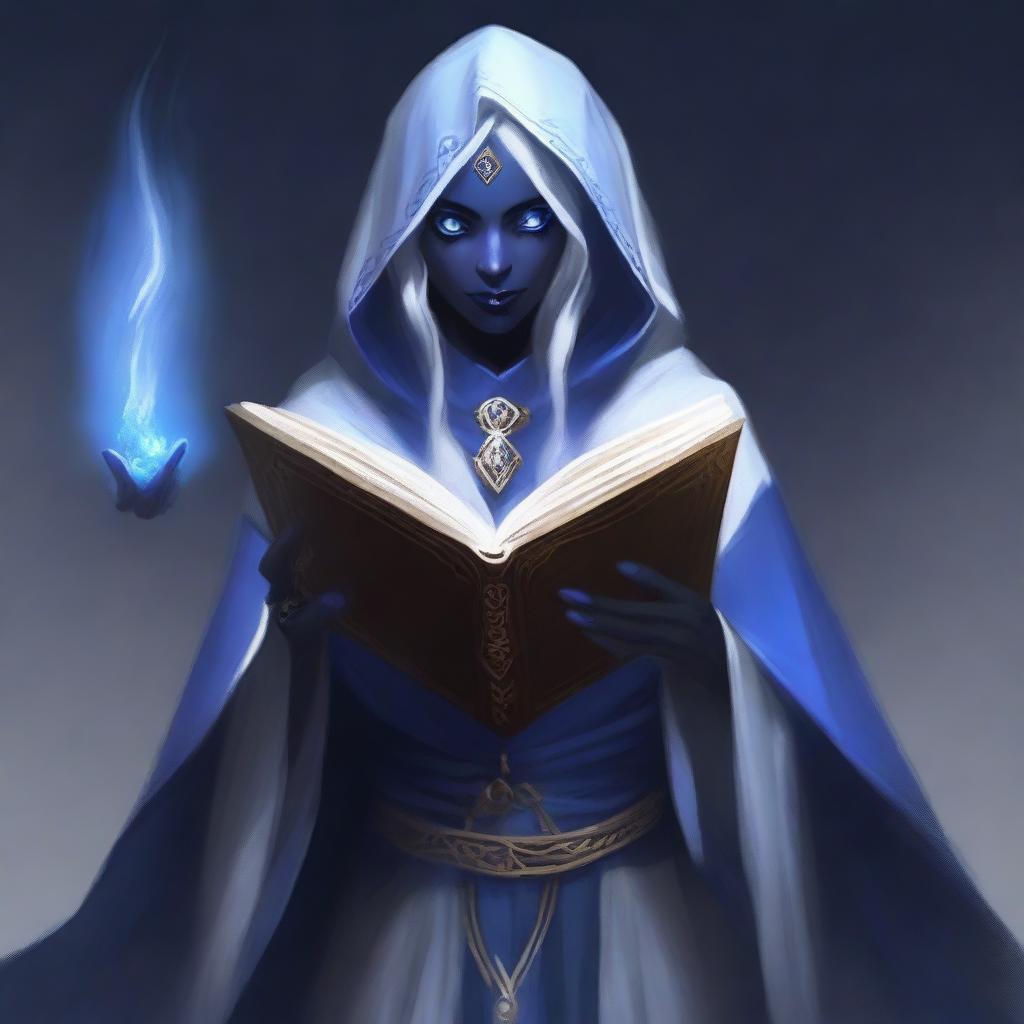 A very old female Drow Elf who is a dark wizard, holding a thick tome and dressed in white and blue robes