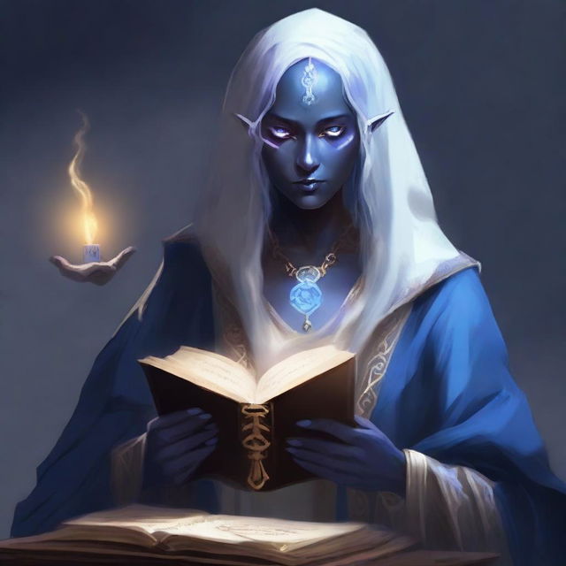 A very old female Drow Elf who is a dark wizard, holding a thick tome and dressed in white and blue robes