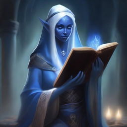 A very old female Drow Elf who is a dark wizard, holding a thick tome and dressed in white and blue robes