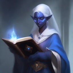 A very old female Drow Elf who is a dark wizard, holding a thick tome and dressed in white and blue robes