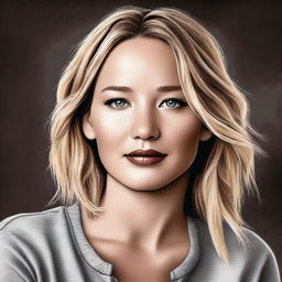 A detailed and realistic portrait of Jennifer Lawrence, showcasing her in a casual setting with a warm and friendly expression