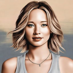 A detailed and realistic portrait of Jennifer Lawrence, showcasing her in a casual setting with a warm and friendly expression