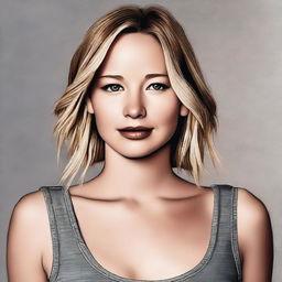 A detailed and realistic portrait of Jennifer Lawrence, showcasing her in a casual setting with a warm and friendly expression