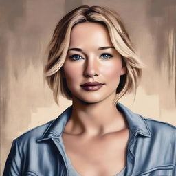 A detailed and realistic portrait of Jennifer Lawrence, showcasing her in a casual setting with a warm and friendly expression