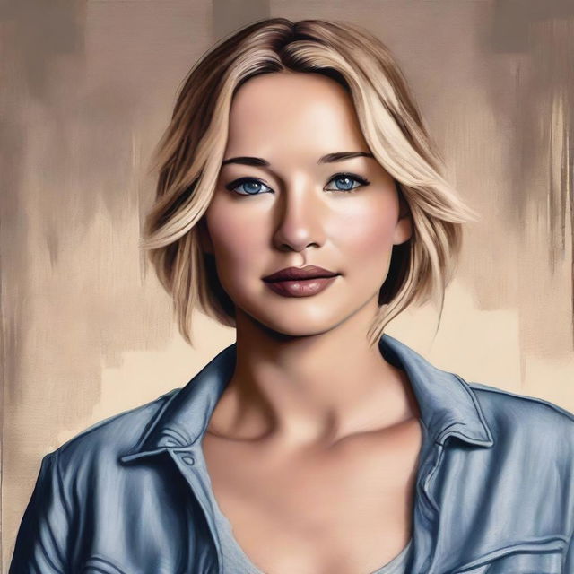 A detailed and realistic portrait of Jennifer Lawrence, showcasing her in a casual setting with a warm and friendly expression