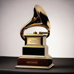 The name 'Victor Vience' engraved on a Grammy award