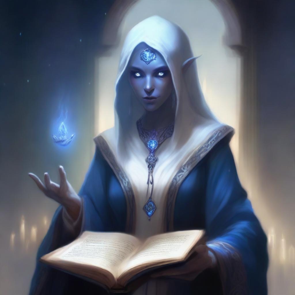 A very, very old female Drow Elf who is a dark wizard, holding a thick tome and dressed in white and blue robes