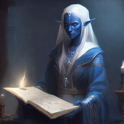 A very, very old female Drow Elf who is a dark wizard, holding a thick tome and dressed in white and blue robes