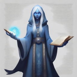 A very, very old female Drow Elf who is a dark wizard, holding a thick tome and dressed in white and blue robes