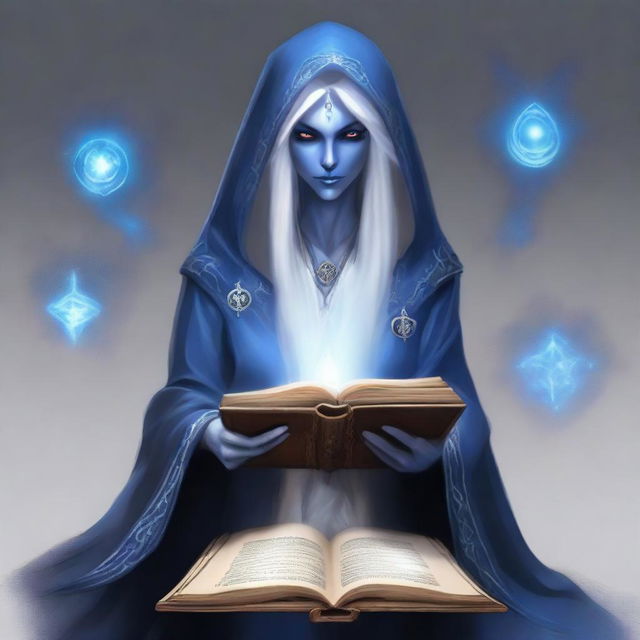 A very, very old female Drow Elf who is a dark wizard, holding a thick tome and dressed in white and blue robes