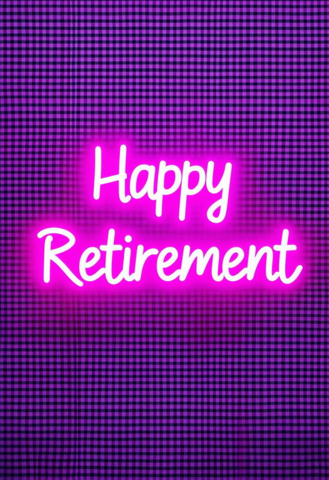 Create a beautiful book cover for 'Happy Retirement' with neon text and a gingham pattern background, conveying a cheerful and celebratory aesthetic