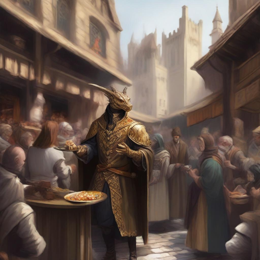 A detailed illustration of a Golden Dragonborn street magician performing a magical trick in a bustling medieval marketplace