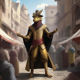 A detailed illustration of a Golden Dragonborn street magician performing a magical trick in a bustling medieval marketplace