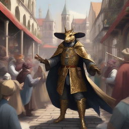 A detailed illustration of a Golden Dragonborn street magician performing a magical trick in a bustling medieval marketplace