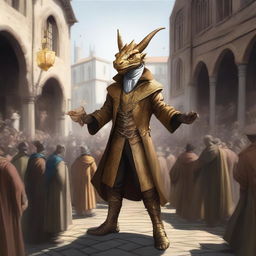 A detailed illustration of a Golden Dragonborn street magician performing a magical trick in a bustling medieval marketplace