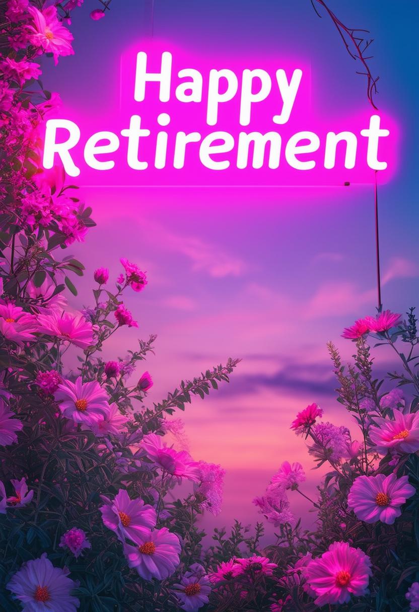 Create a beautiful book cover for 'Happy Retirement' with neon text and a flower-themed aesthetic, conveying a sense of beauty, celebration, and tranquility