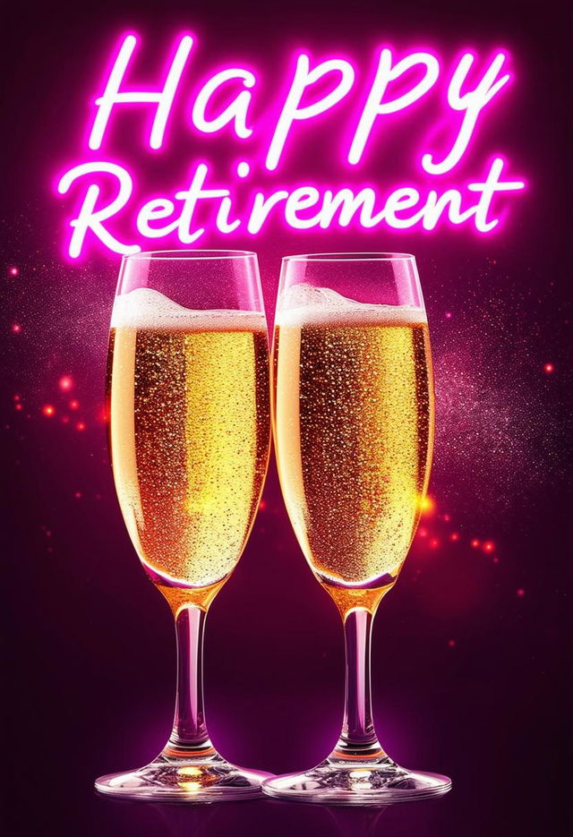 Create a beautiful book cover for 'Happy Retirement' with neon text and a champagne party theme, conveying a sense of celebration, joy, and festivity