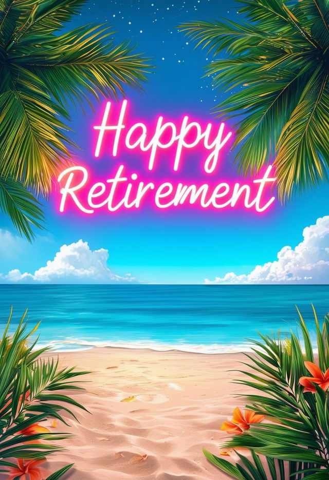 Create a beautiful book cover for 'Happy Retirement' with neon text and a tropical beach theme, conveying a sense of relaxation, celebration, and tranquility