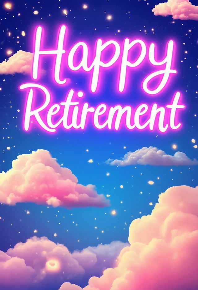 Create a beautiful book cover for 'Happy Retirement' with neon text and a cute clouds theme, conveying a sense of whimsy, celebration, and serenity