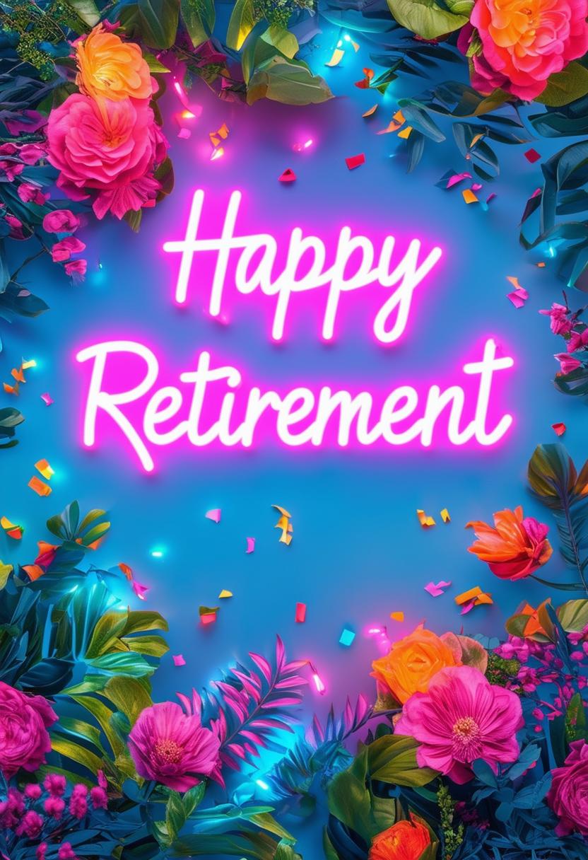 Create a beautiful book cover for 'Happy Retirement' with neon text and a celebration theme, conveying a sense of joy, festivity, and accomplishment