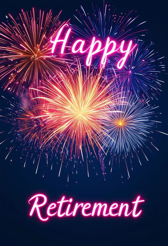 Create a beautiful book cover for 'Happy Retirement' with neon text and a fireworks theme, conveying a sense of celebration, joy, and festivity