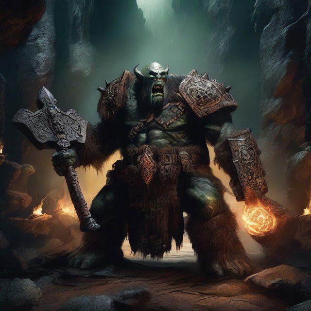 A really epic orcish warhammer with intricate designs and glowing runes