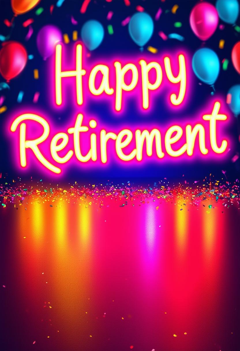 Create a beautiful book cover for 'Happy Retirement' with neon text and a party theme, conveying a sense of celebration, joy, and festivity