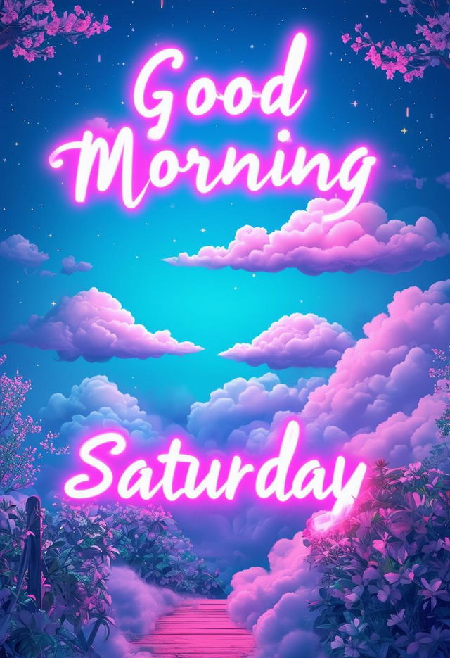 A beautiful book cover titled 'Good Morning Saturday' with neon text and cute clouds, designed to be a masterpiece with intricate details and a warm, inviting atmosphere