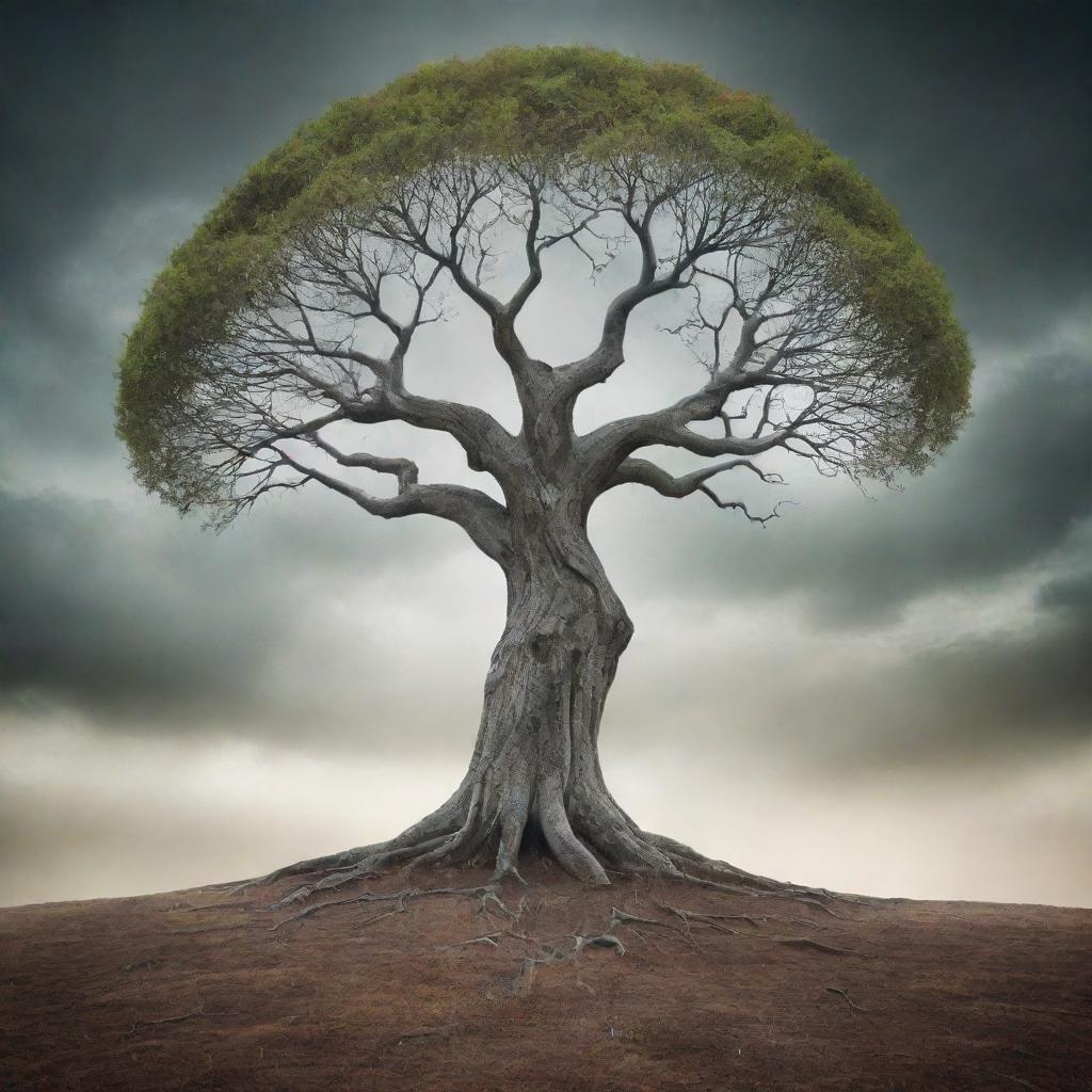 A visually striking and mystical image illustrating the concept of immortality, embodied by an everlasting tree within a surreal, time-warped landscape.