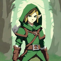 A rogue/ranger wood elf dressed in green hooded clothes similar to Link from the Zelda series, with lots of wolf-inspired elements