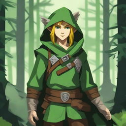 A rogue/ranger wood elf dressed in green hooded clothes similar to Link from the Zelda series, with lots of wolf-inspired elements