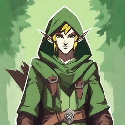 A rogue/ranger wood elf dressed in green hooded clothes similar to Link from the Zelda series, with lots of wolf-inspired elements