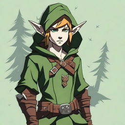 A rogue/ranger wood elf dressed in green hooded clothes similar to Link from the Zelda series, with lots of wolf-inspired elements