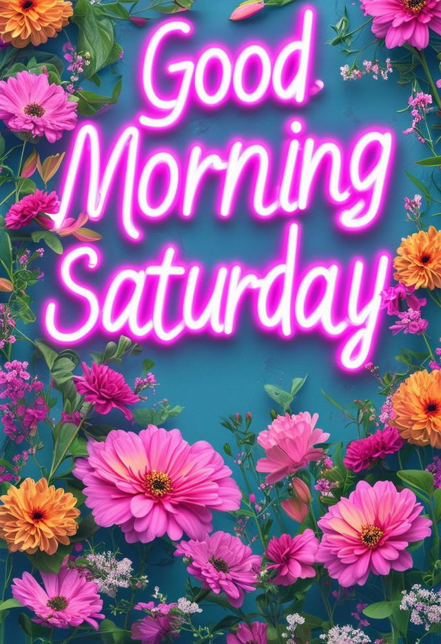 A beautiful book cover titled 'Good Morning Saturday' with neon text and pretty flowers, designed to be a masterpiece with intricate details and a warm, inviting atmosphere