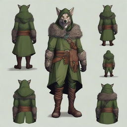 A rogue/ranger wood elf dressed in green hooded clothes, with lots of wolf-inspired elements