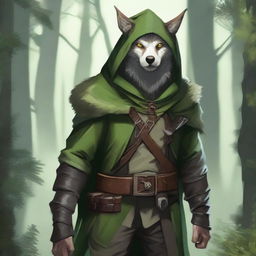 A rogue/ranger wood elf dressed in green hooded clothes, with lots of wolf-inspired elements