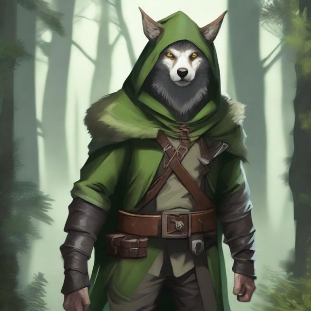 A rogue/ranger wood elf dressed in green hooded clothes, with lots of wolf-inspired elements