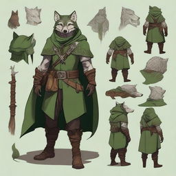 A rogue/ranger wood elf dressed in green hooded clothes, with lots of wolf-inspired elements