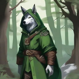 A rogue/ranger wood elf dressed in green hooded clothes, with lots of wolf-inspired elements