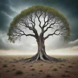 A visually striking and mystical image illustrating the concept of immortality, embodied by an everlasting tree within a surreal, time-warped landscape.